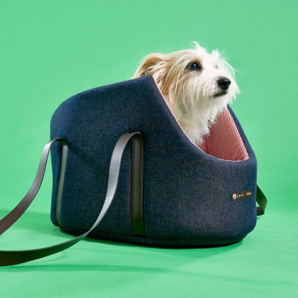 Rabbit getting ready for his afternoon nap in the Sutton Denim dog carrier